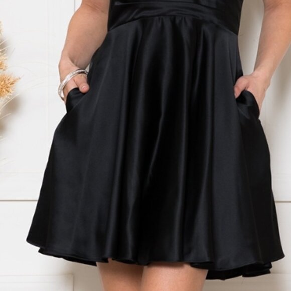 Black Prom Party Homecoming Short Satin A-Line Solid Dress Gown ACBZ013S - Picture 2 of 6